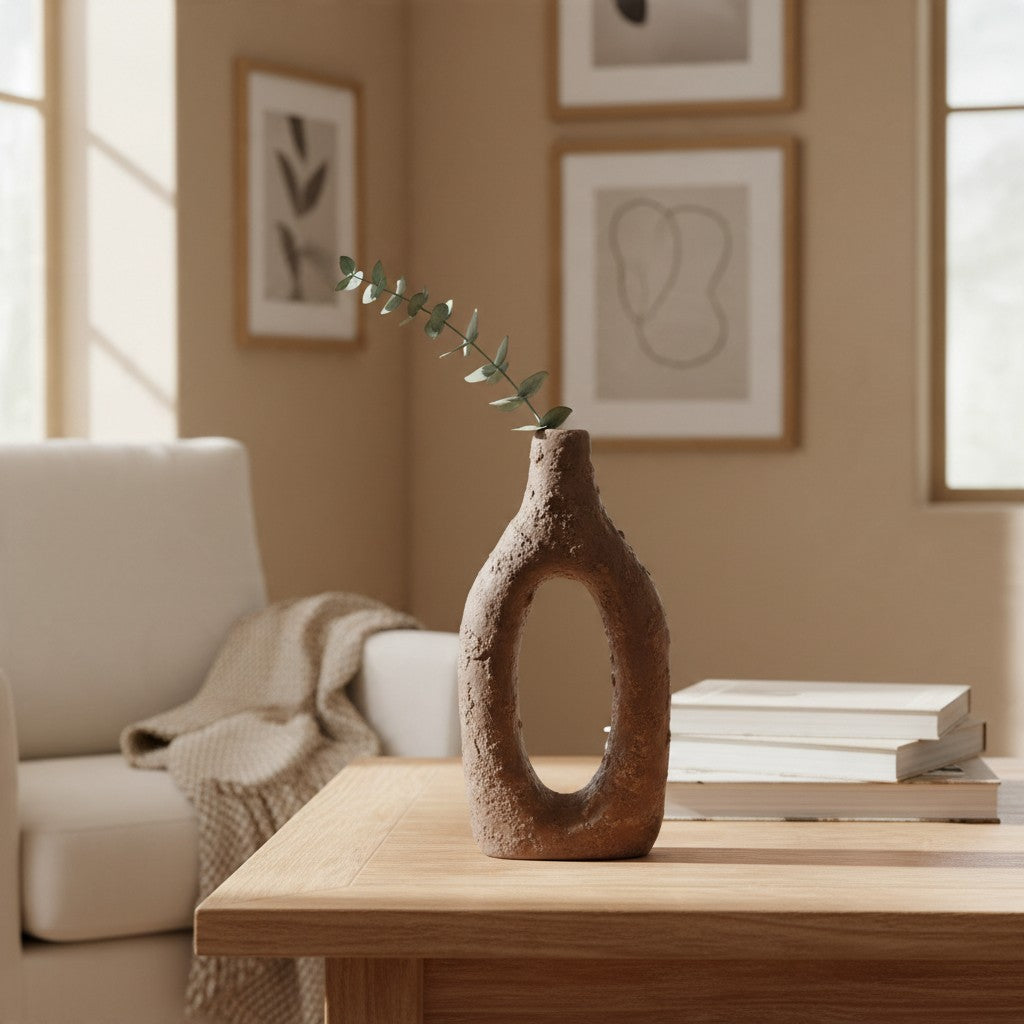 Rustic Tree Style Wood Vase Textured Handcrafted 14" tall - Dark Brown