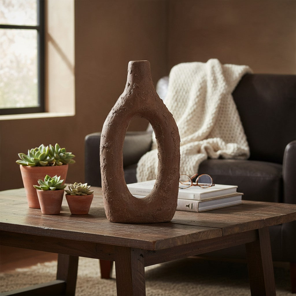 Rustic Tree Style Wood Vase Textured Handcrafted 14" tall - Dark Brown