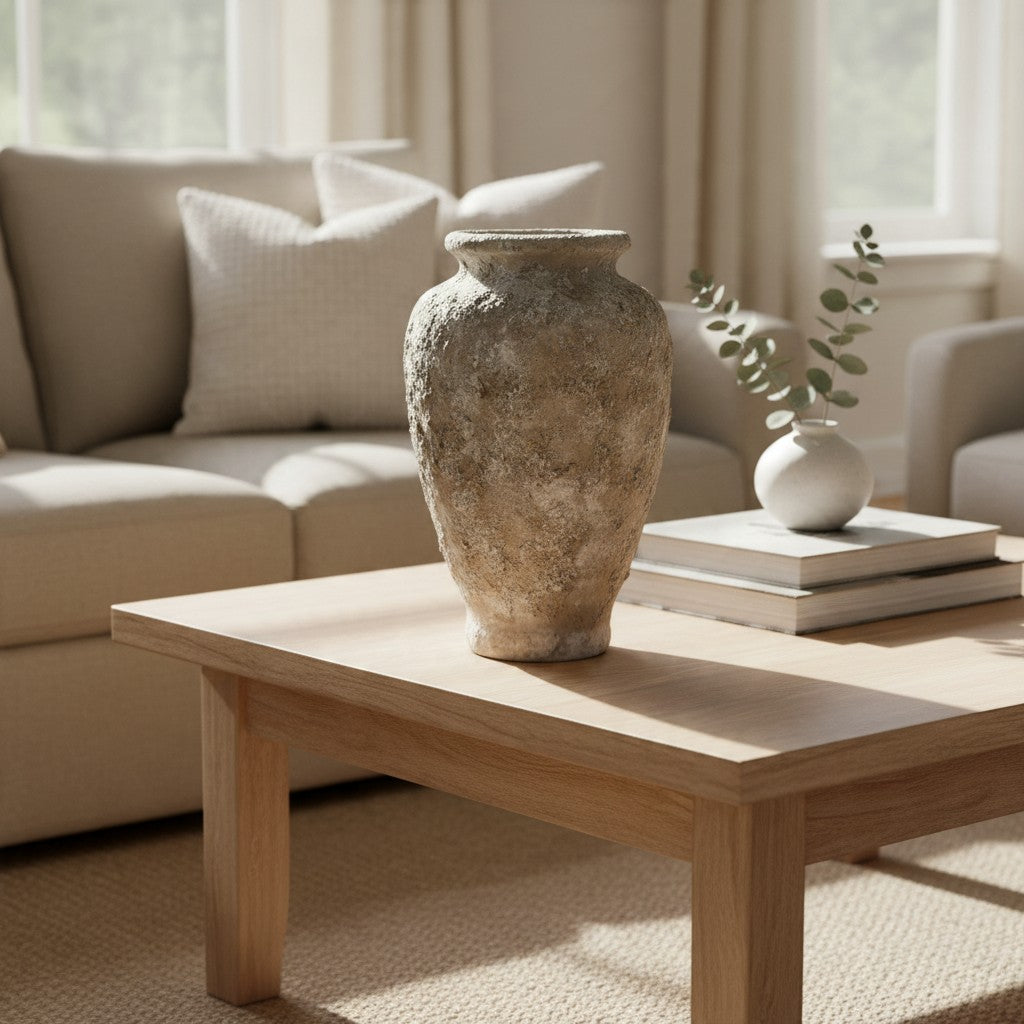Rustic Hand-Painted Textured Ceramic Vase 14" tall - Beige Wash