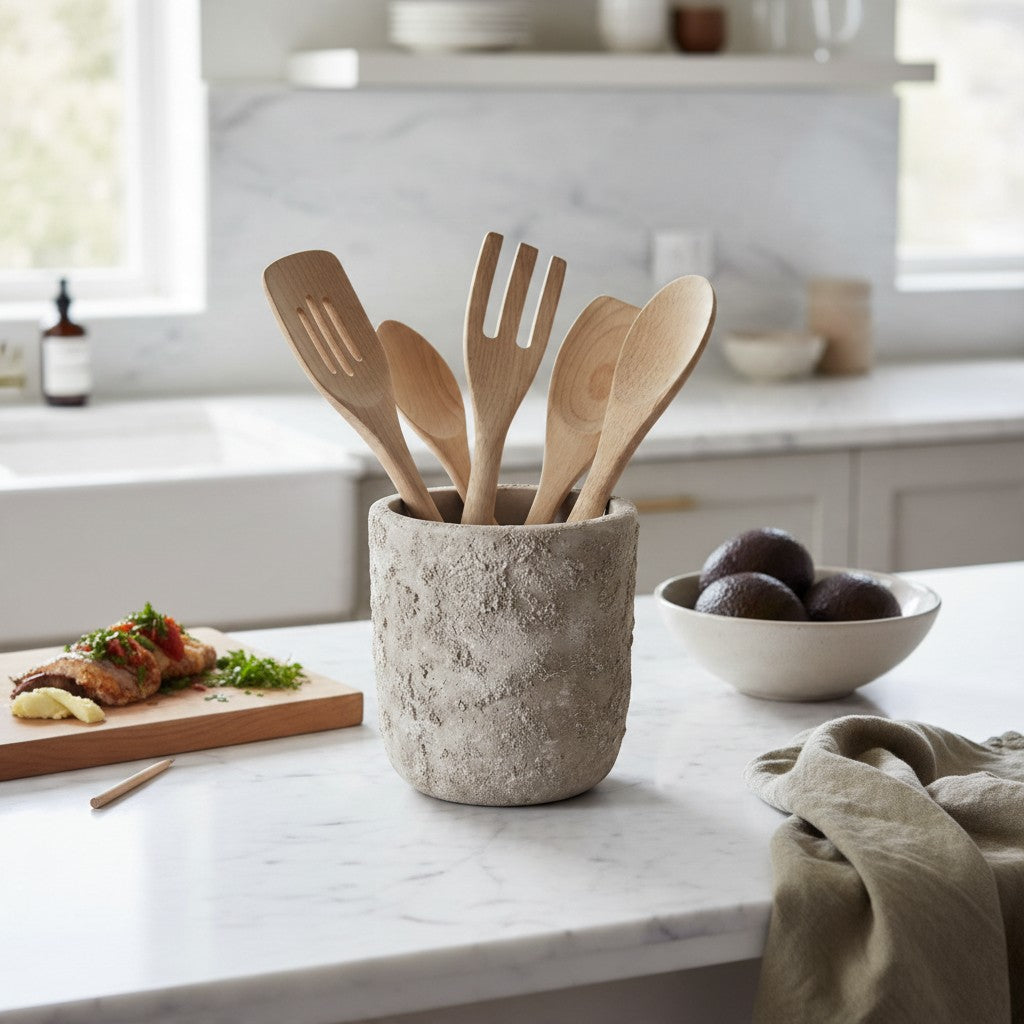 Utensil Spoon Kitchen Decor Pot Hand-Painted Textured 7" tall - Beige Wash