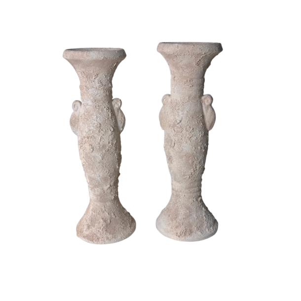 Set of 2 candlestick tray holders hand-painted and textured minimalist roman style 12" tall - Cream Sand wash