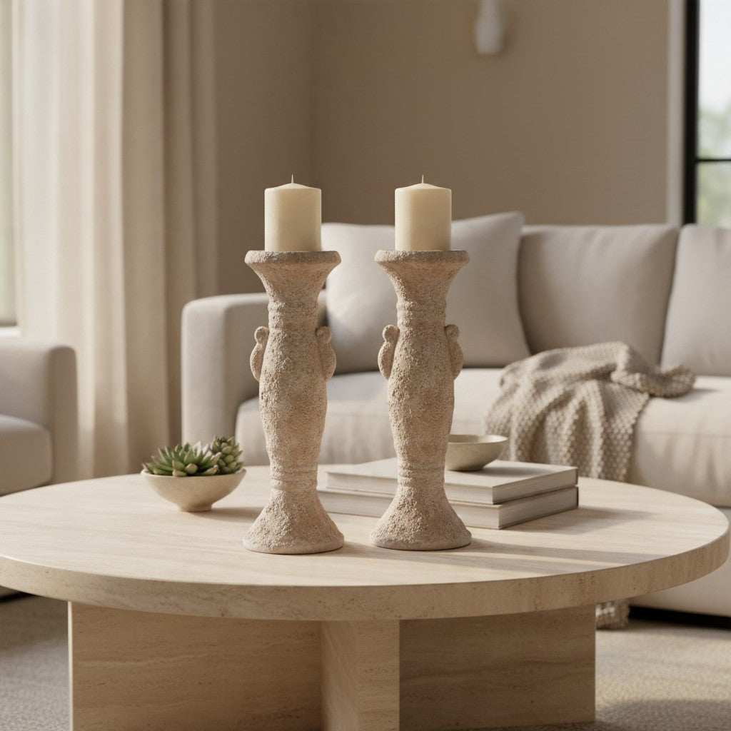 Set of 2 candlestick tray holders hand-painted and textured minimalist roman style 12" tall - Cream Sand wash