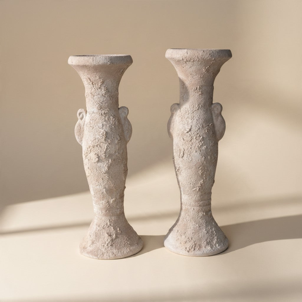 Set of 2 candlestick tray holders hand-painted and textured minimalist roman style 12" tall - Cream Sand wash
