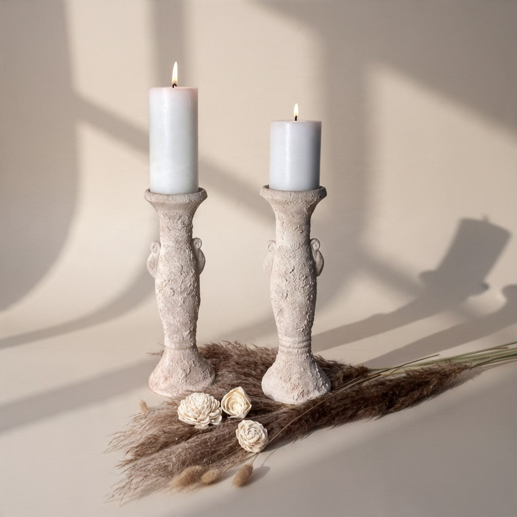 Set of 2 candlestick tray holders hand-painted and textured minimalist roman style 12" tall - Cream Sand wash