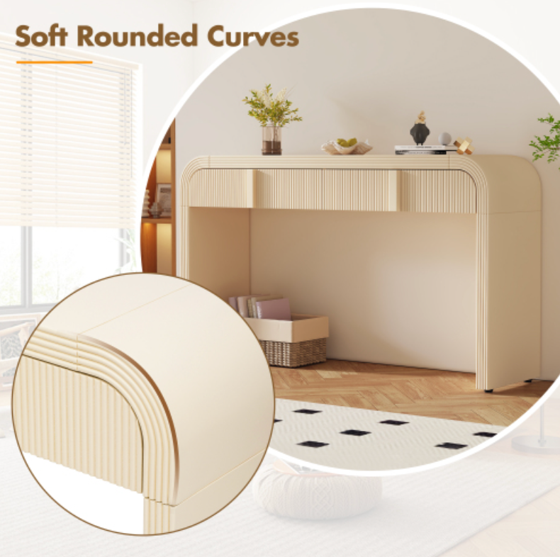 Modern Console Table with 2 Storage Drawers, Fluted Entryway Table with Rounded Silhouette for Hallway Living Room and Entryway (Apricot Cream)
