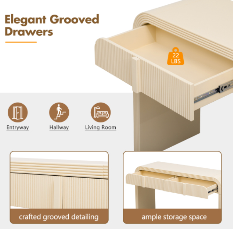 Modern Console Table with 2 Storage Drawers, Fluted Entryway Table with Rounded Silhouette for Hallway Living Room and Entryway (Apricot Cream)