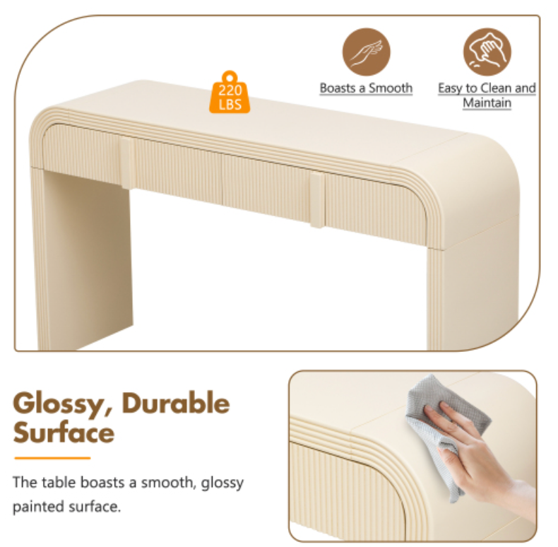 Modern Console Table with 2 Storage Drawers, Fluted Entryway Table with Rounded Silhouette for Hallway Living Room and Entryway (Apricot Cream)