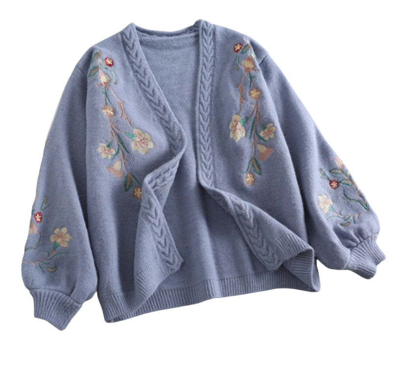 Women's Floral Embroidered Knit Cardigan, Cable Knit Pattern, Balloon Sleeves
