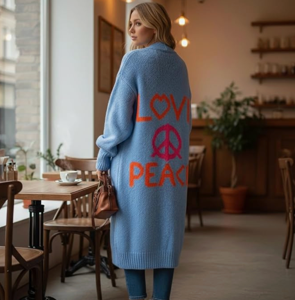 Women's Love Peace Graphic Oversized Cardigan Long Sleeve