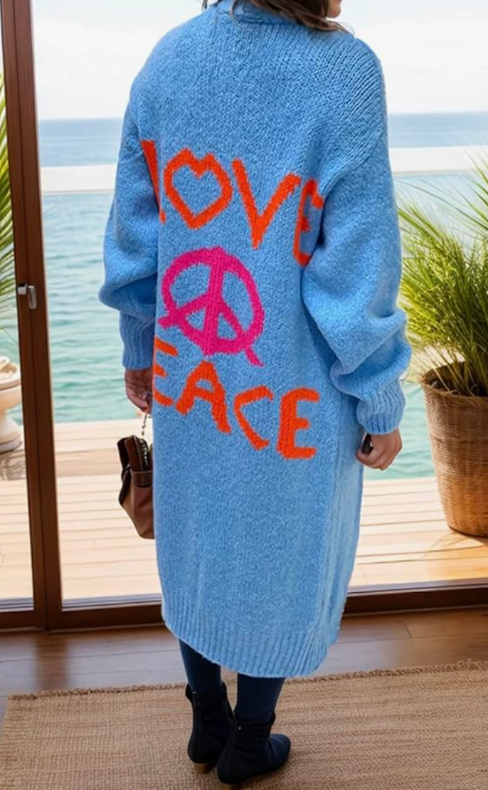 Women's Love Peace Graphic Oversized Cardigan Long Sleeve