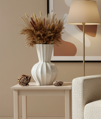 French Contemporary White Ribbed Ceramic Vase 11.5"