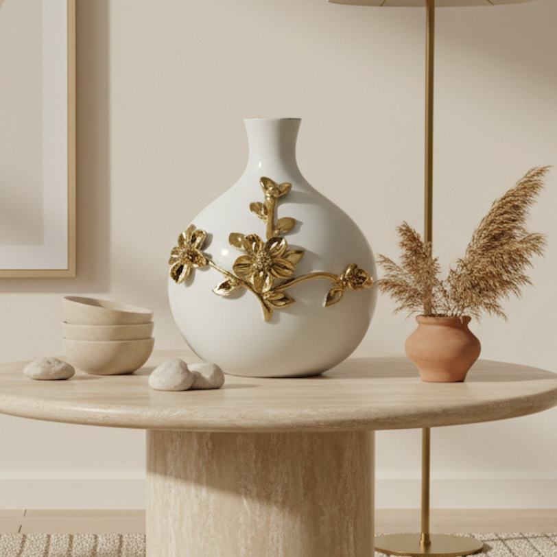 Contemporary Ceramic White Vase with Gold Flower 9"