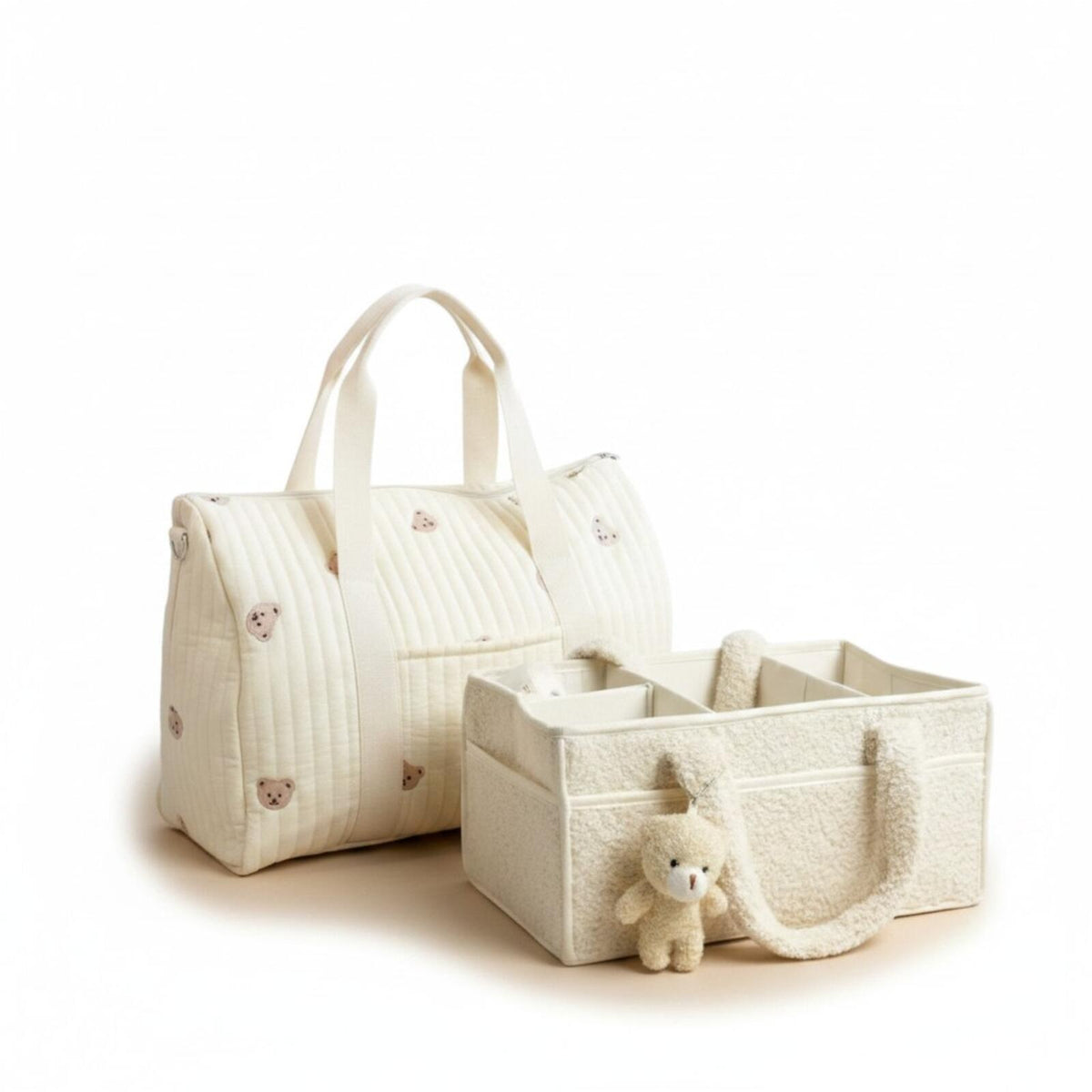 Set of 2 Travel Bag with Strap and Caddy Diaper Bag for Baby Essentials - Cream