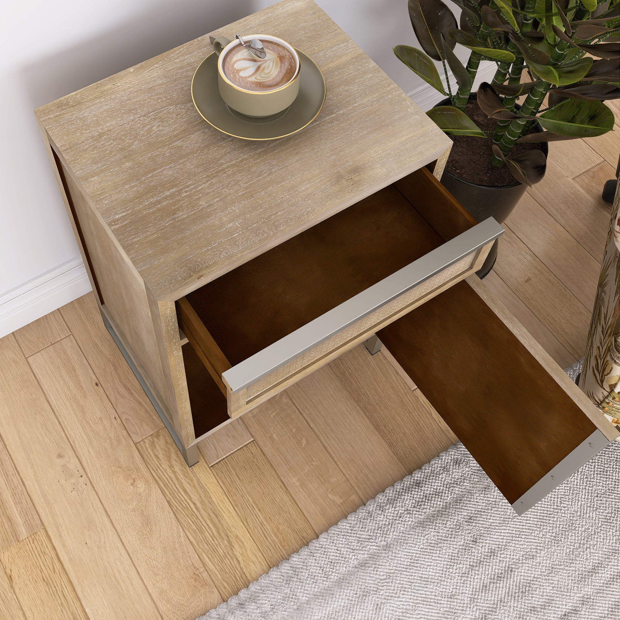 Handwoven End Table with Drawer, Cabinet, and Artisanal Wood Finish - No Assembly Required