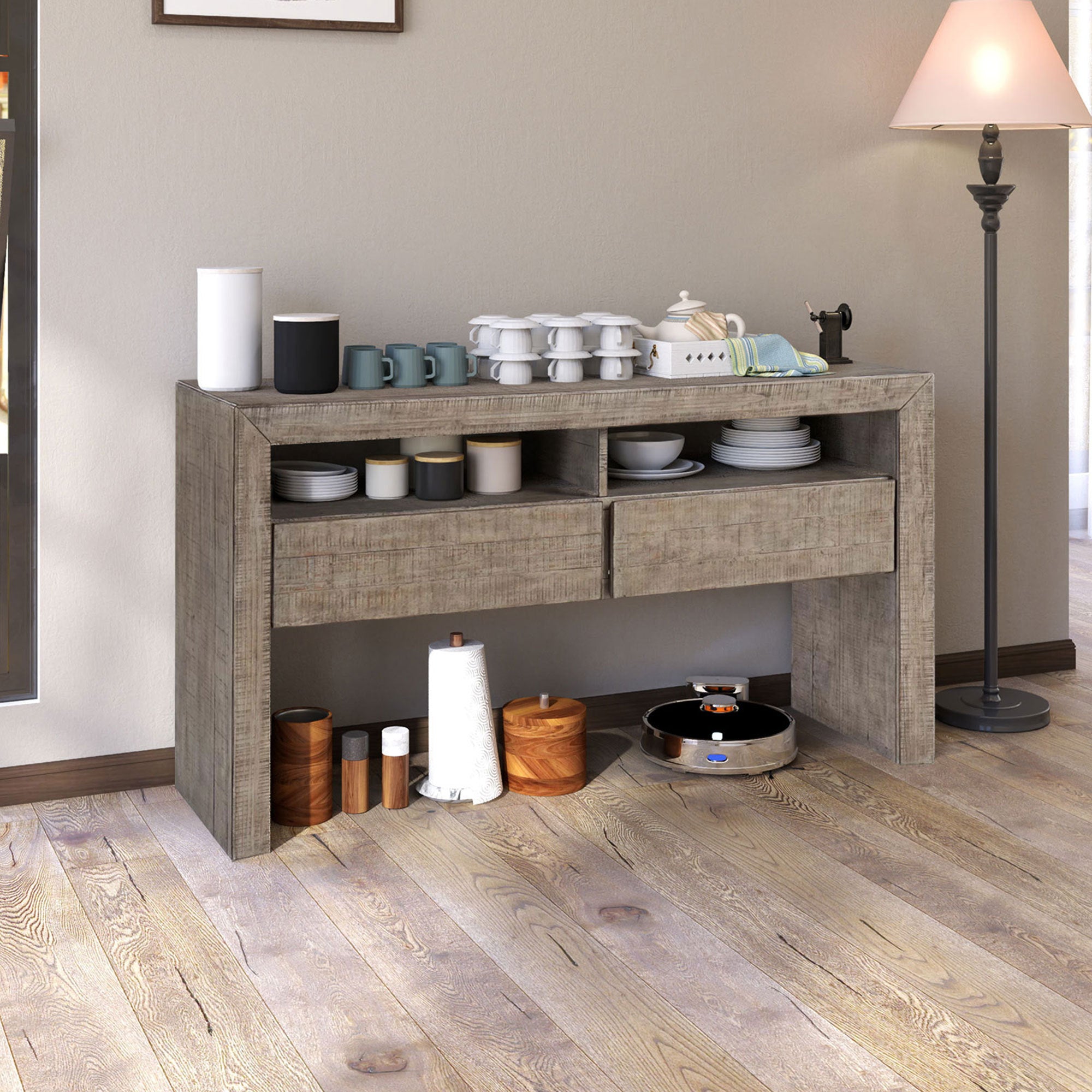 Buffet Storage Cabinet Sideboard Farmhouse Server with 2 Drawers and 2 open Storage Console Table for Kitchen, Dining Living Room Cupboard - Grey