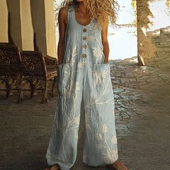 Women's Vintage Floral Jumpsuit - Sleeveless Button Front Romper With Pockets, Casual Loose Fit Long Pants Jumper