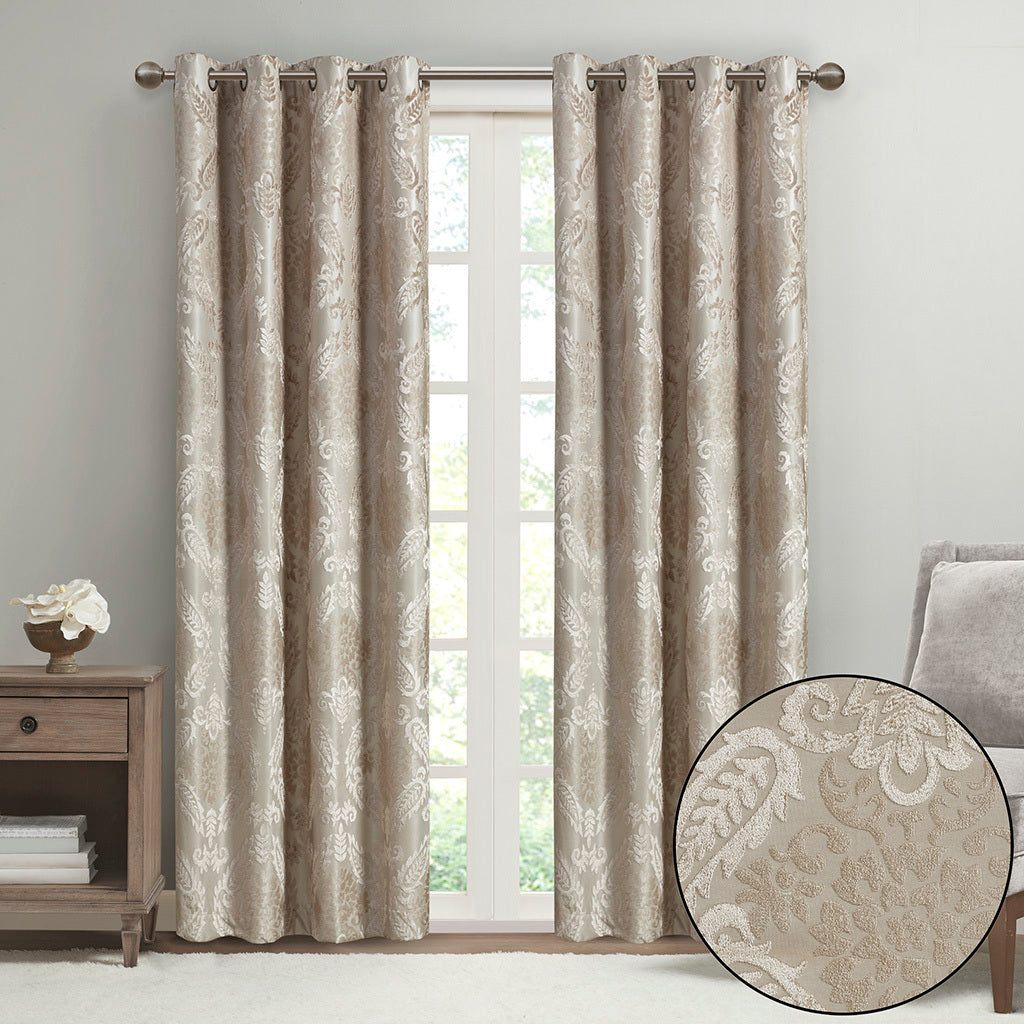 50x95" Knitted Jacquard Paisley Total Blackout Grommet Top Curtain Panel - Champagne (1 panel only)