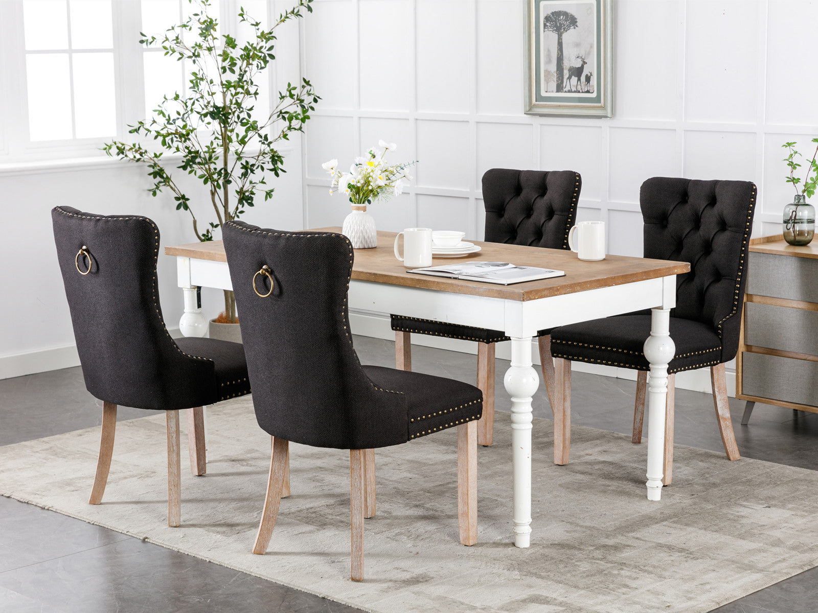 Set of 2 - High-end Tufted Solid Wood Contemporary Flax Upholstered Linen Dining Chair with Wood Legs Nailhead Trim - Black Linen