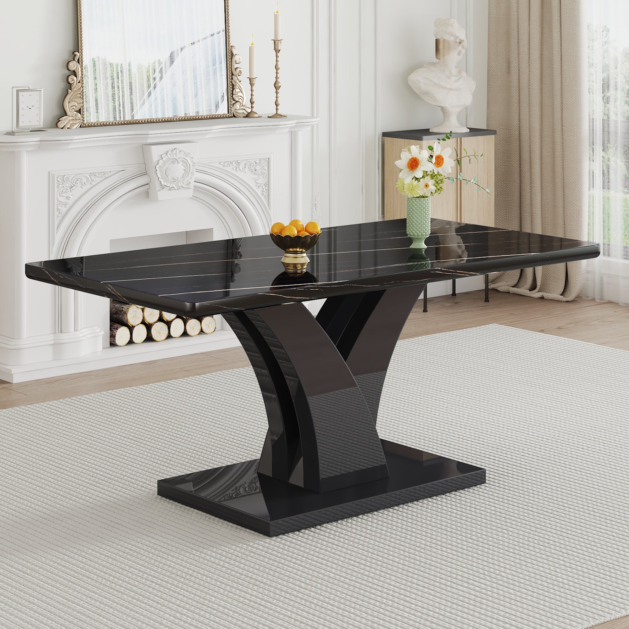 Modern Dining Table, Black Desktop and Black MDF Leg