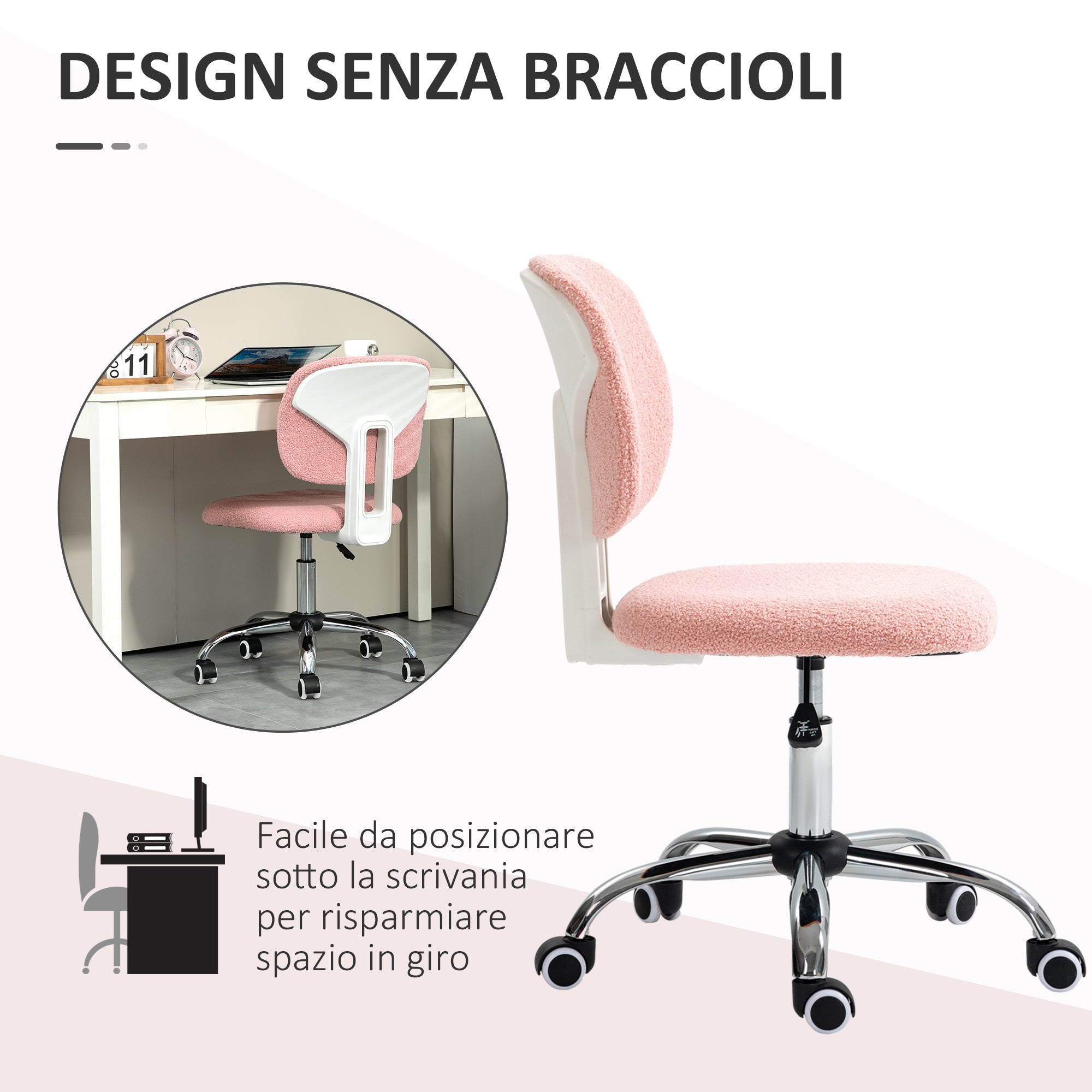 Cute Armless Office Chair, Teddy Fleece Fabric Computer Desk Chair, Vanity Task Chair with Adjustable Height, Swivel Wheels, Mid Back - Pink
