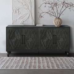 Carved Flower Door Large Storage Cabinet With Metal Handle Suitable For Living Room, Kitchen, Entryway - Black