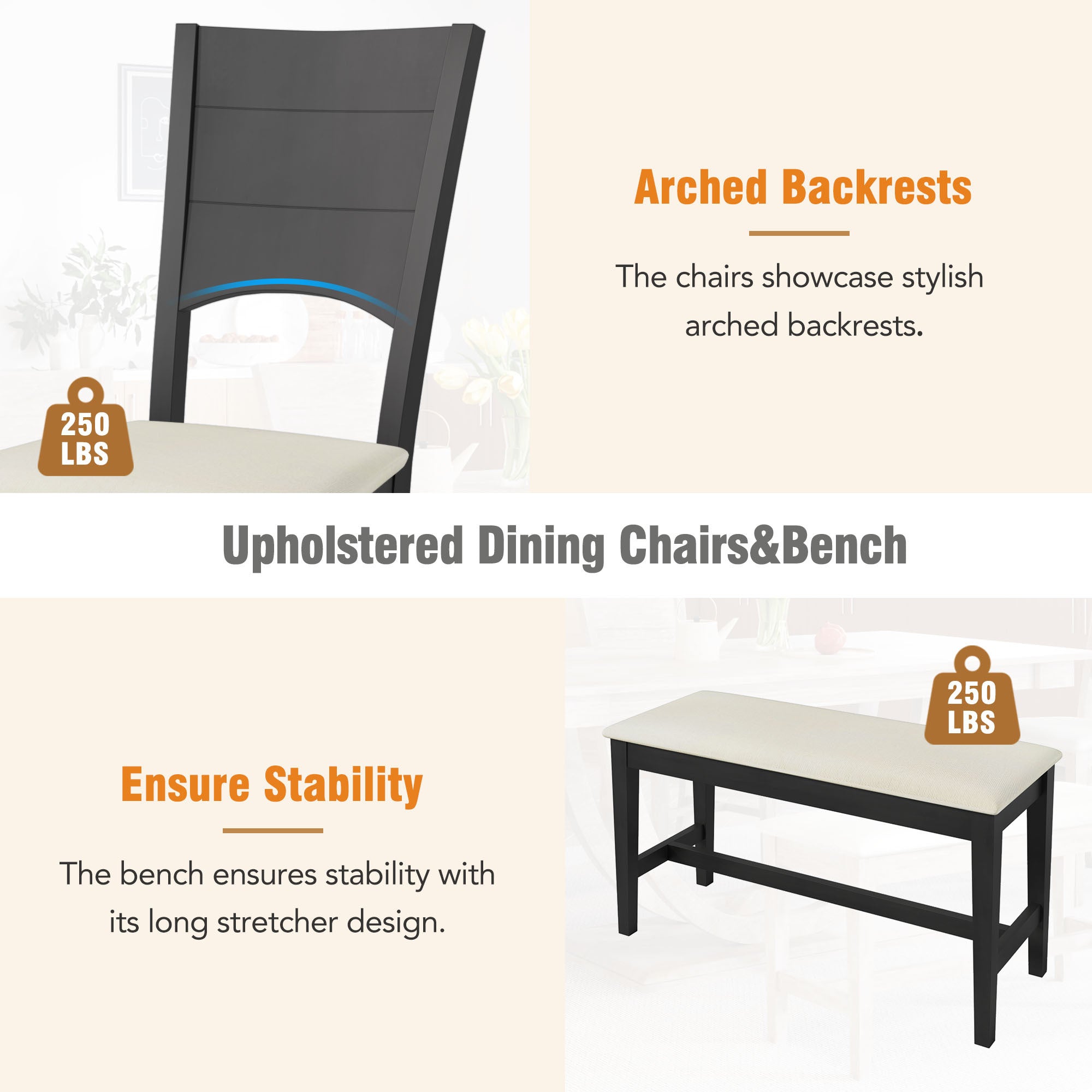 6-Piece Wood Half Round Dining Table Set with Long Bench and 4 Dining Chairs - Grey