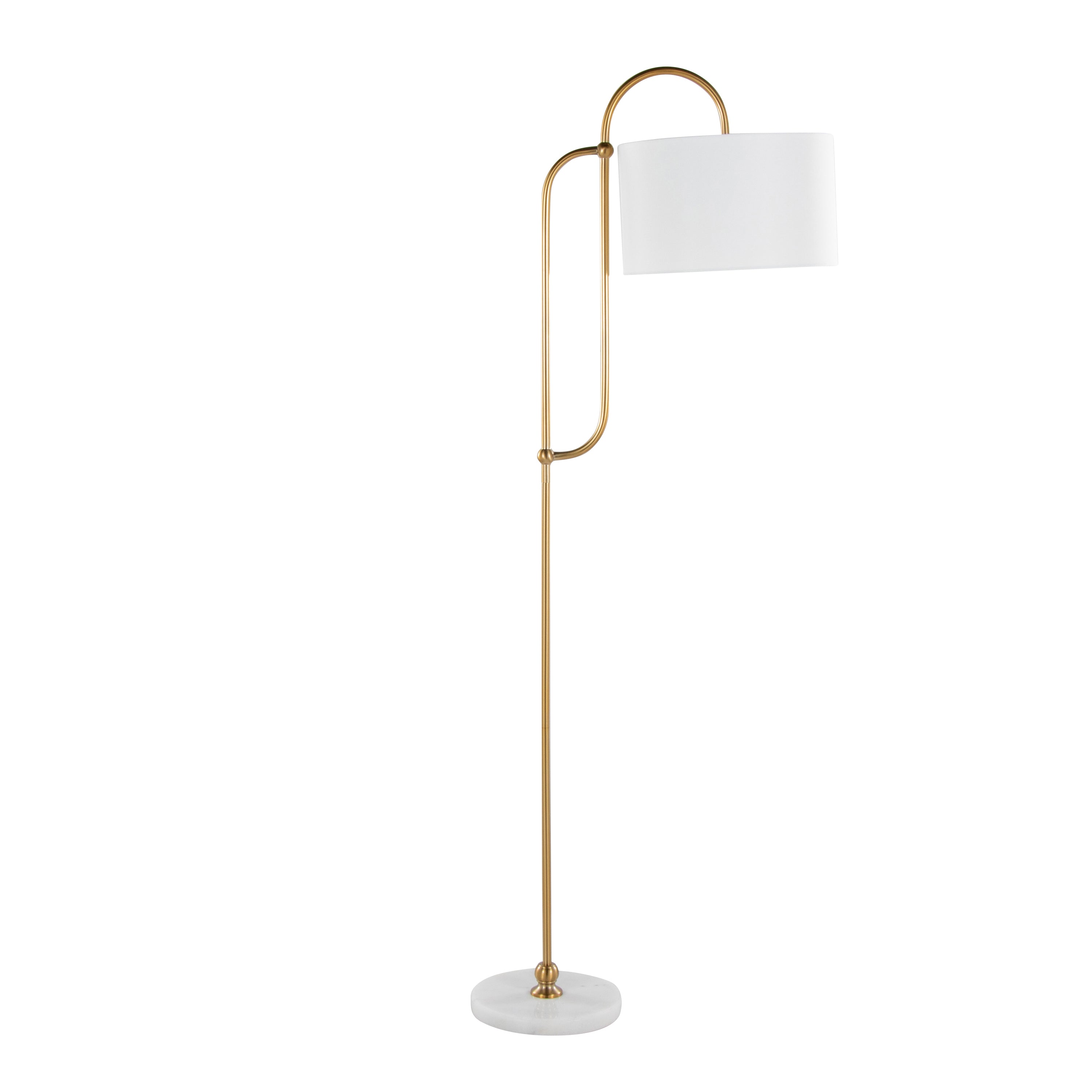 63" Glam/Art Deco Metal Floor Lamp in White Marble and Gold Metal with White Linen Shade