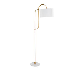 63" Glam/Art Deco Metal Floor Lamp in White Marble and Gold Metal with White Linen Shade