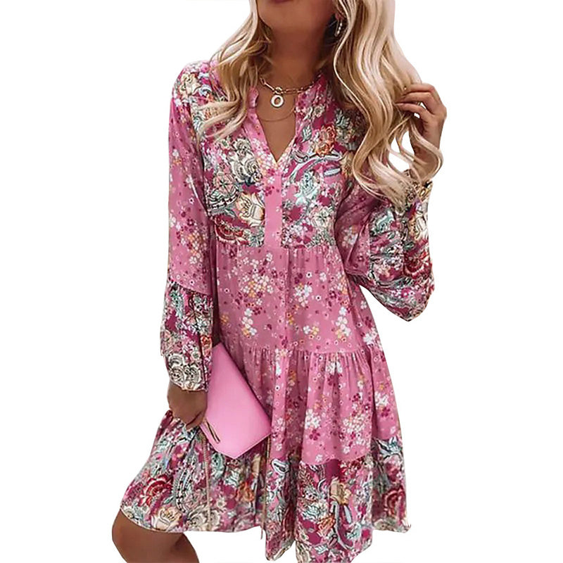 Women's Round Neck Button Front Floral Print Dress - Spring Summer Patchwork Midi Dress