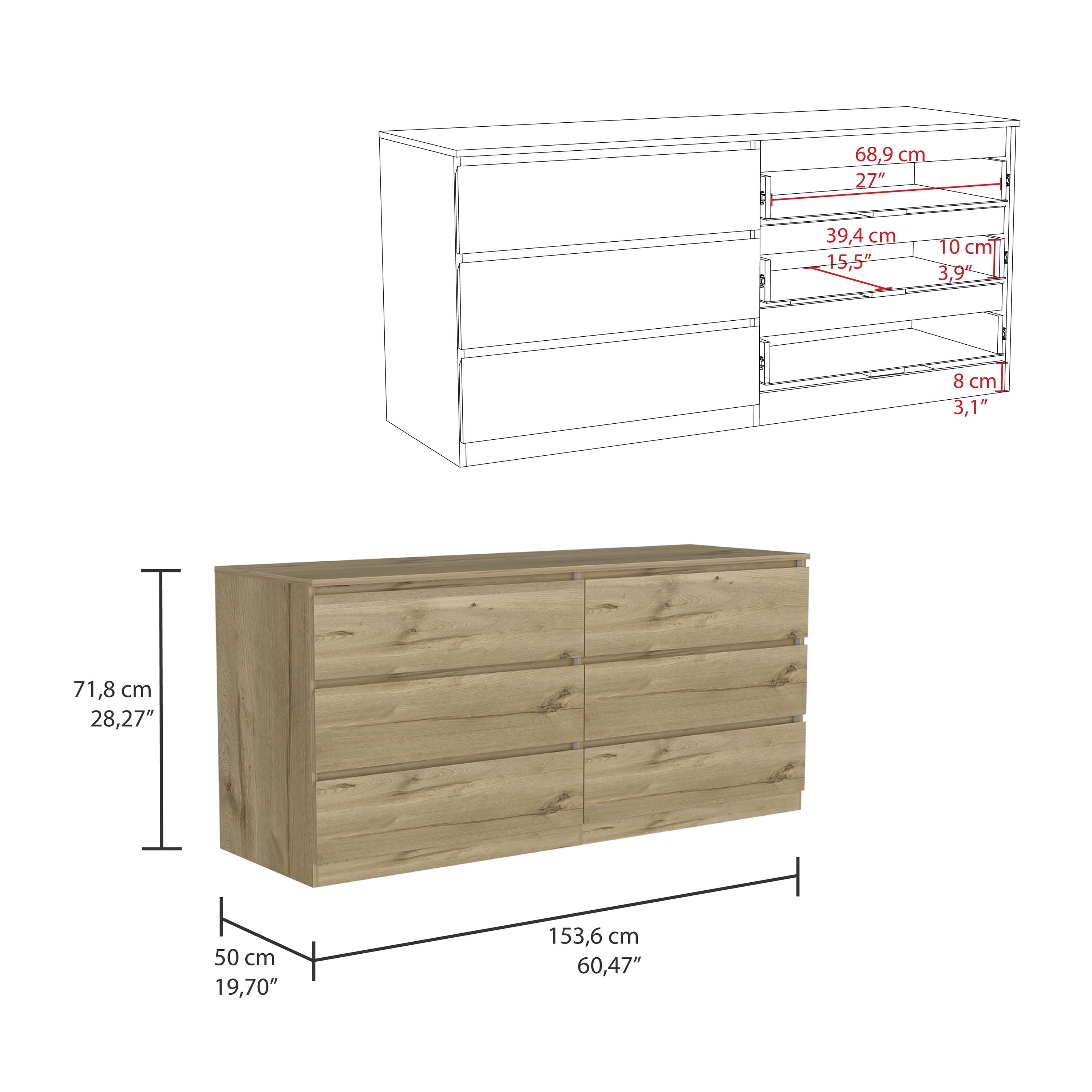 6 Drawer Double Dresser - Light Oak / White