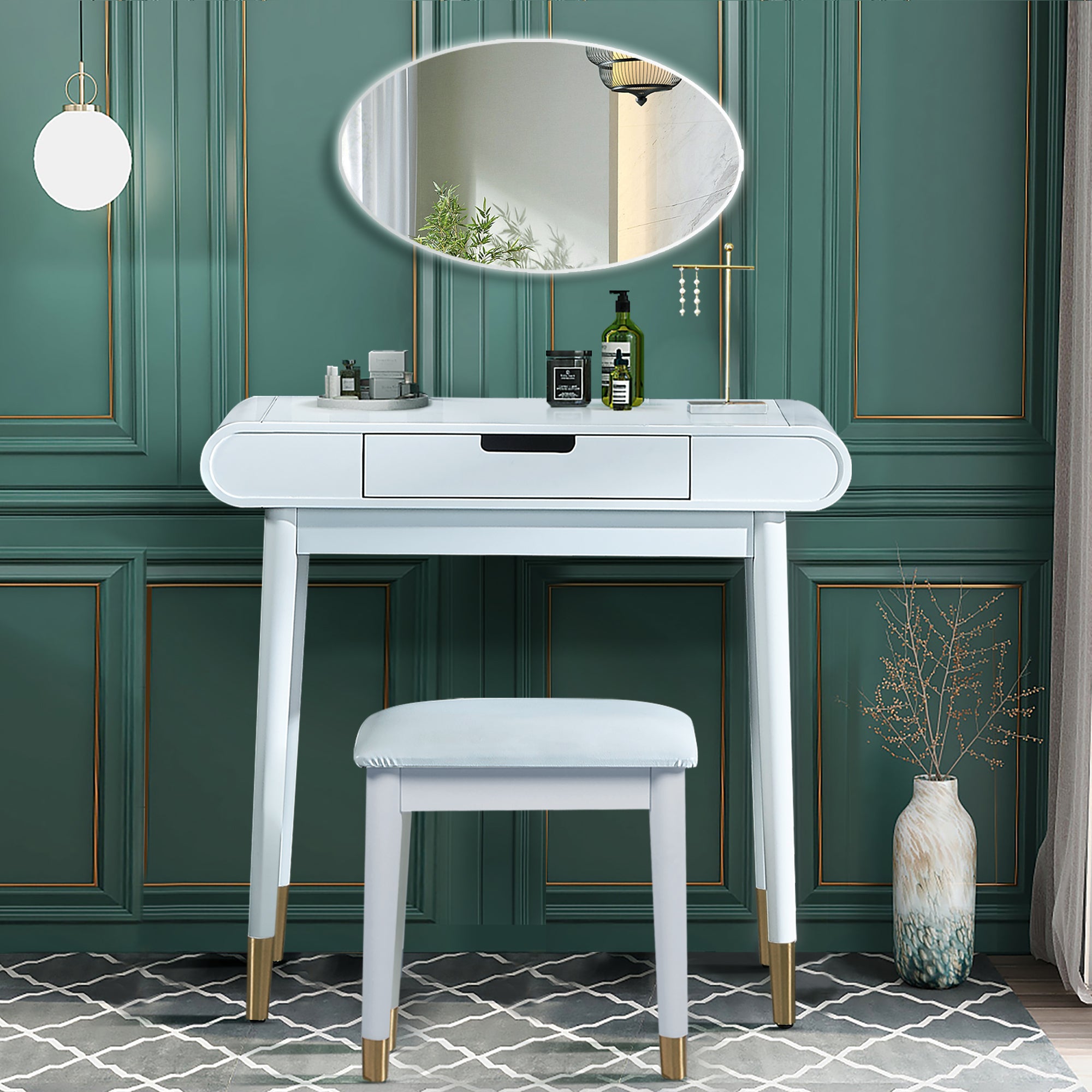 White Desk or Makeup Vanity Set with Stool, High Gloss Finish Dressing Table with Solid Stool (without Mirror)
