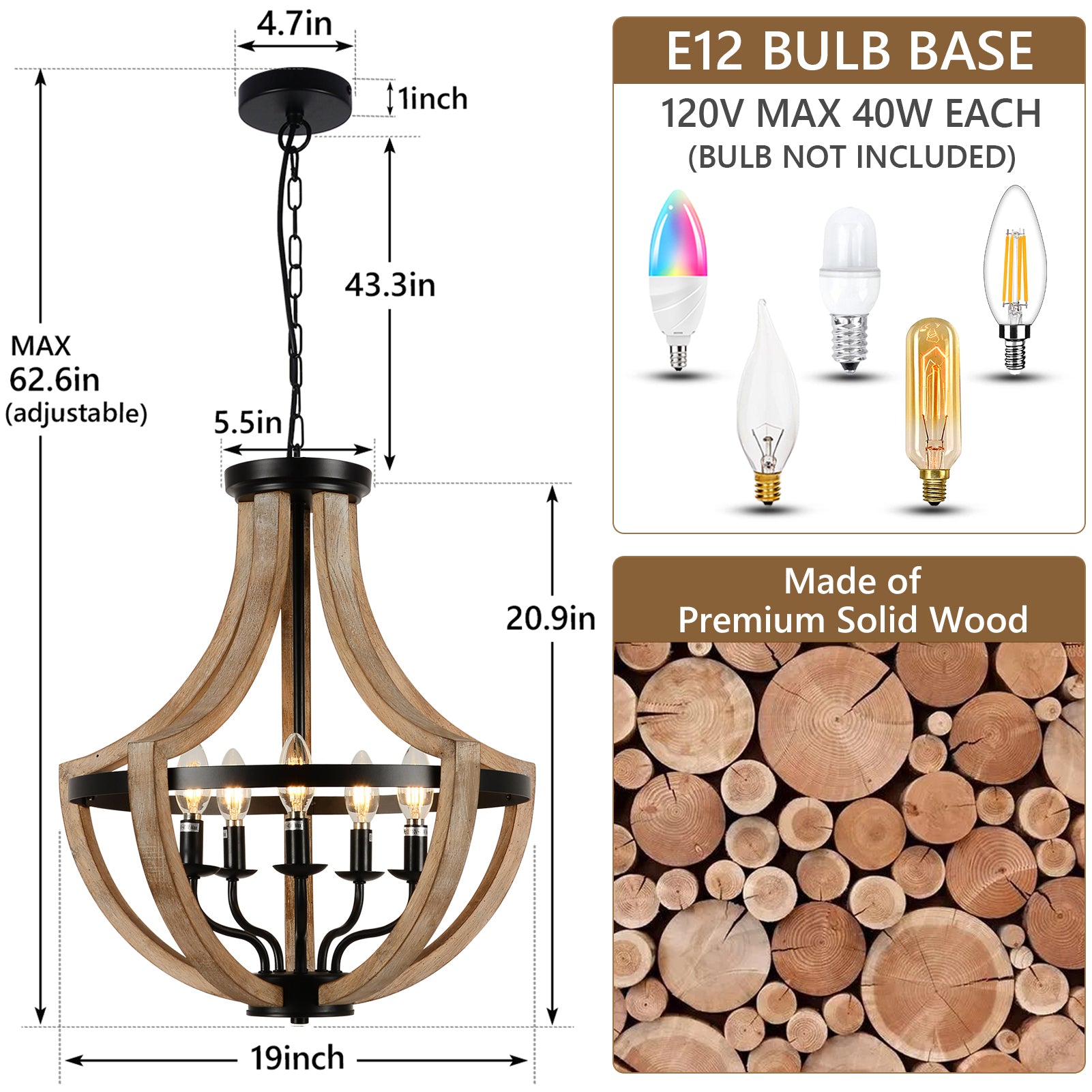 Farmhouse Wood Chandelier Light Fixtures 19"  - Brown
