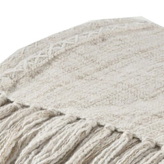 Throw Blanket with Woven Ends and Fringes, Off White