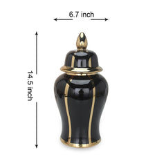 14"H Black Linear Gilded Ginger Jar with Removable Lid