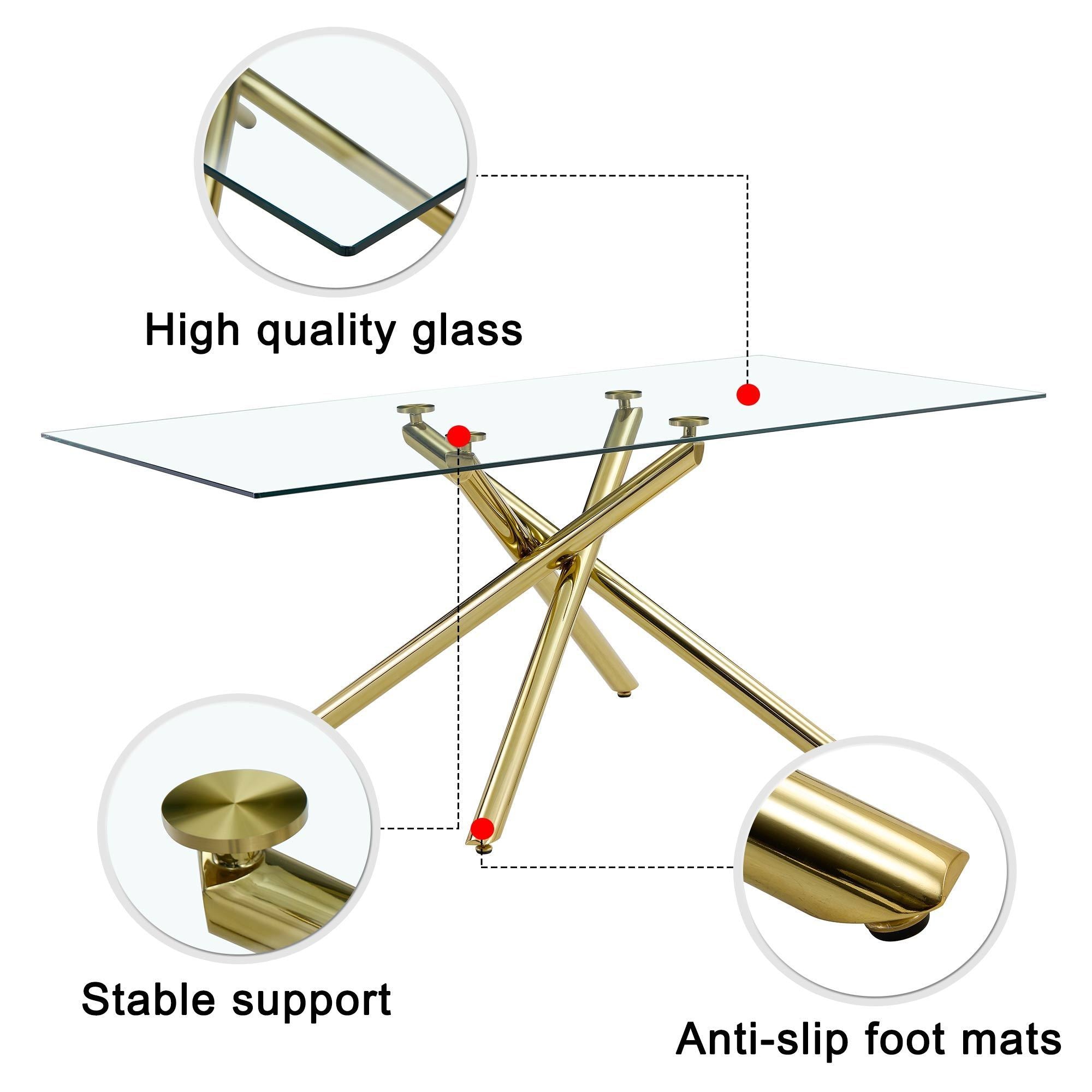 Modern Minimalist Rectangular Glass Dining Table for 6-8 with 0.39" Tempered Glass Tabletop and Silver Chrome Metal Legs - Golden