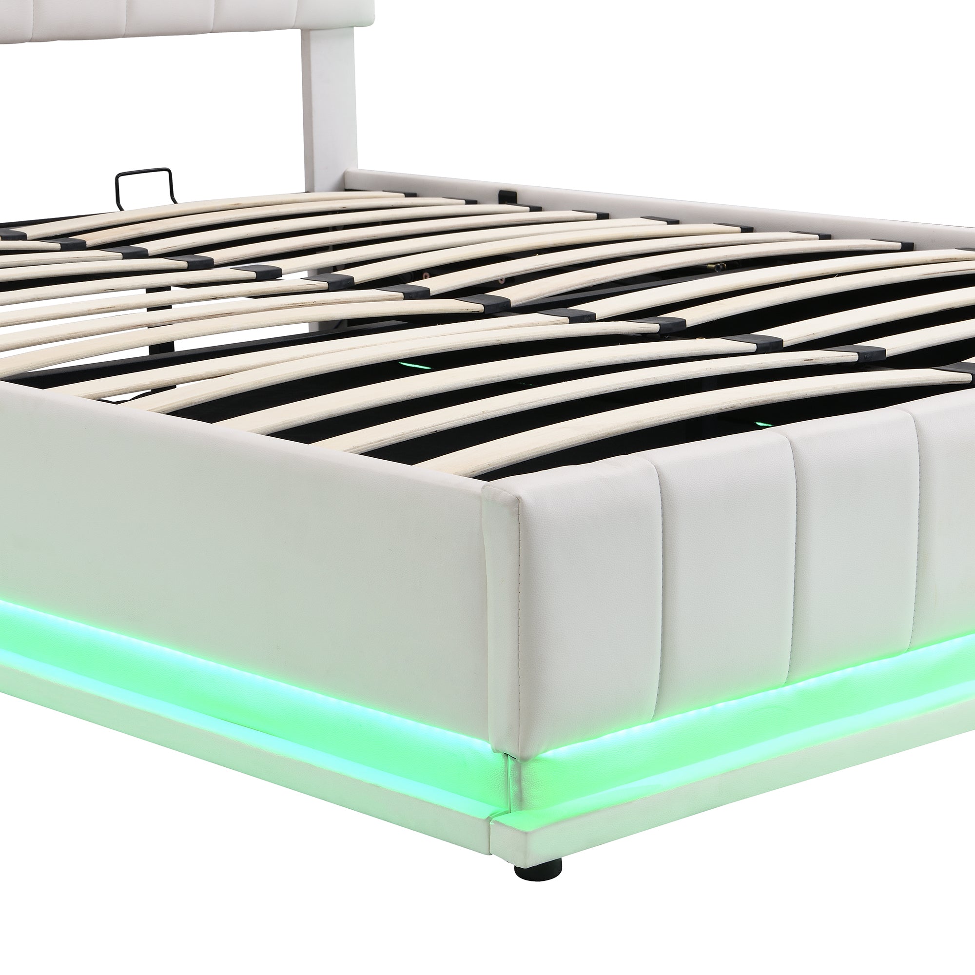 Queen Size Upholstered Bed with Hydraulic Storage System and LED Light, Modern Platform Bed with Sockets and USB Ports - White