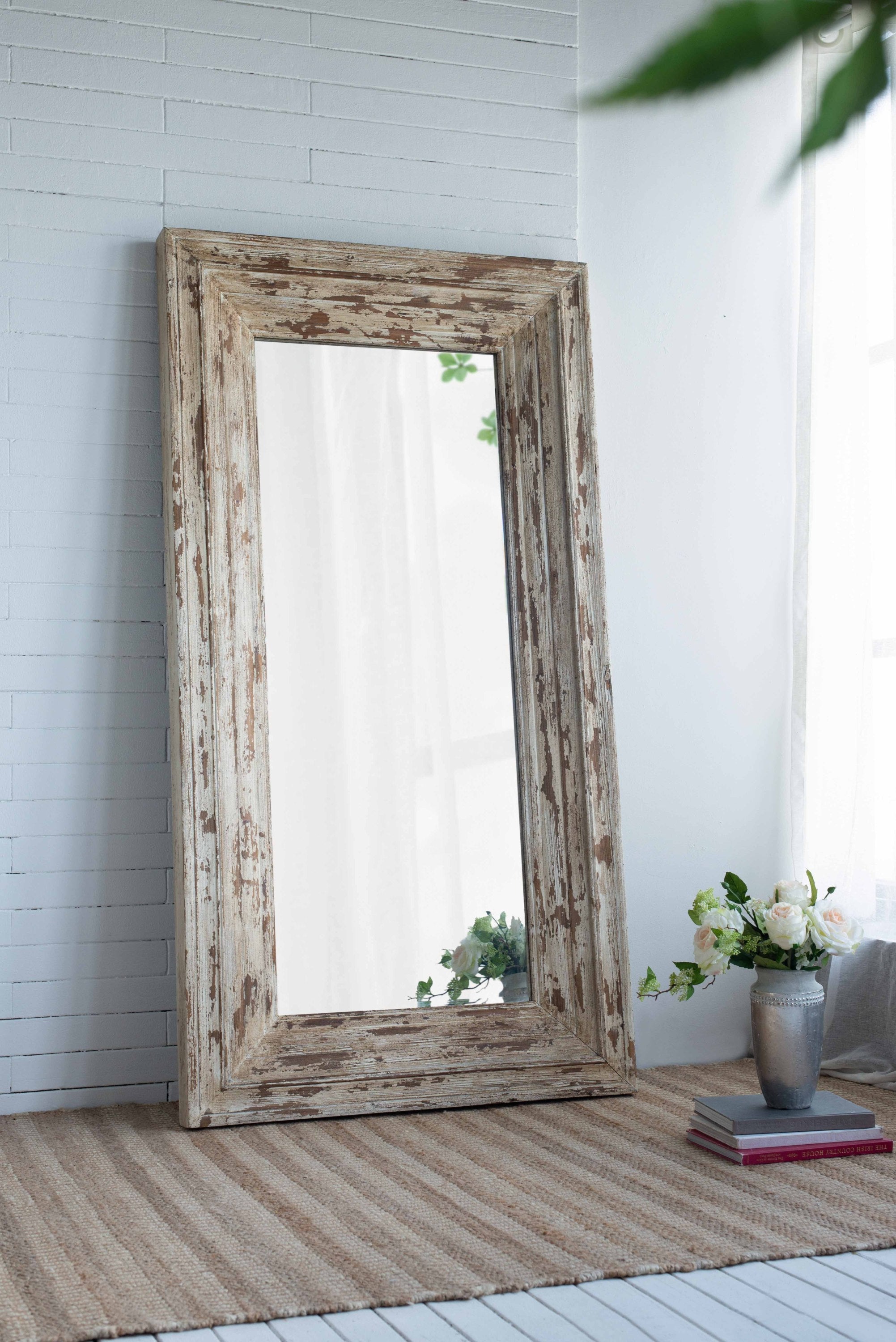 Full Length Rectangle Floor Mirror with Distressed Wood Frame 39x3.5x75"
