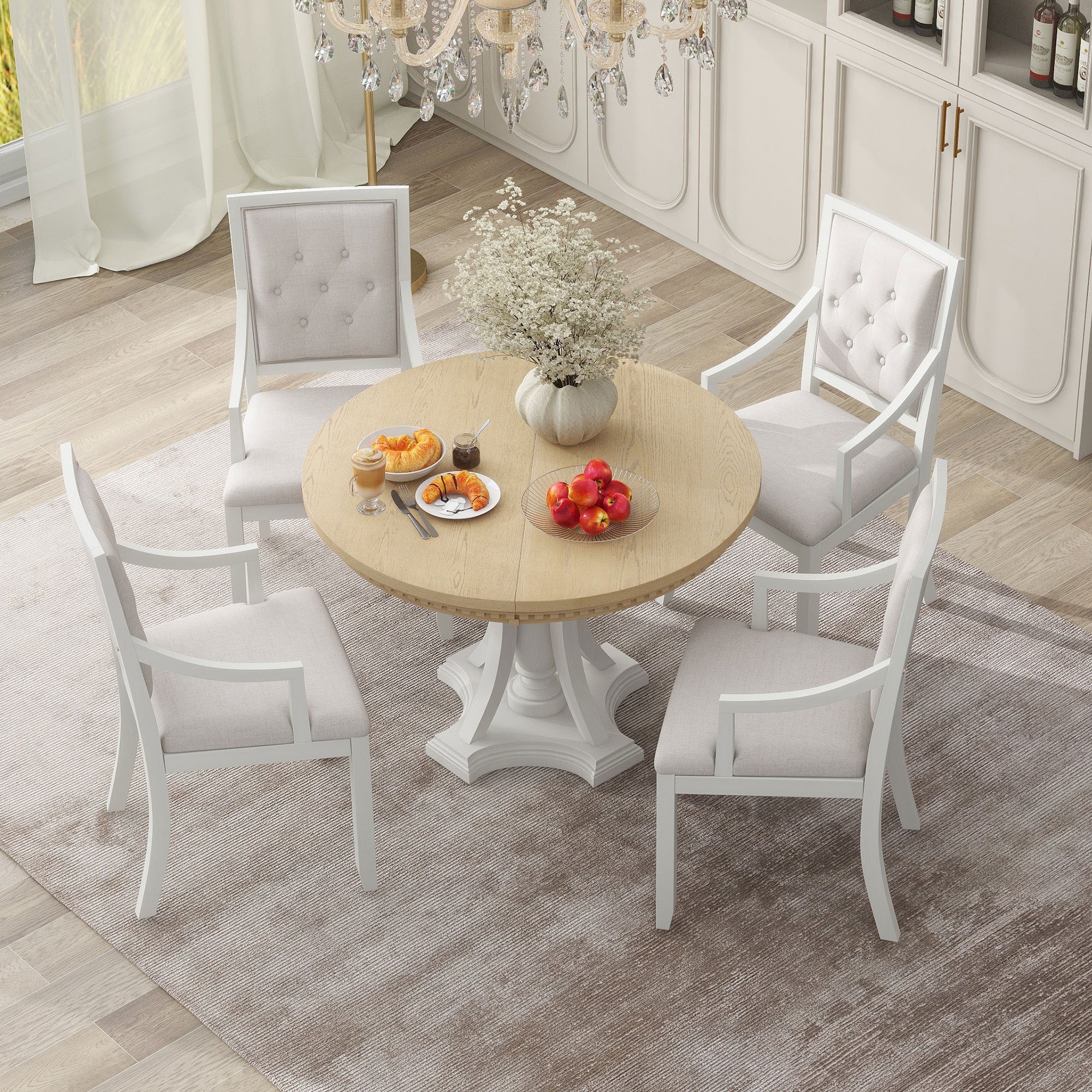 Retro 5-piece Dining Set Extendable Round Table and 4 Chairs - Oak Natural Wood + Antique White