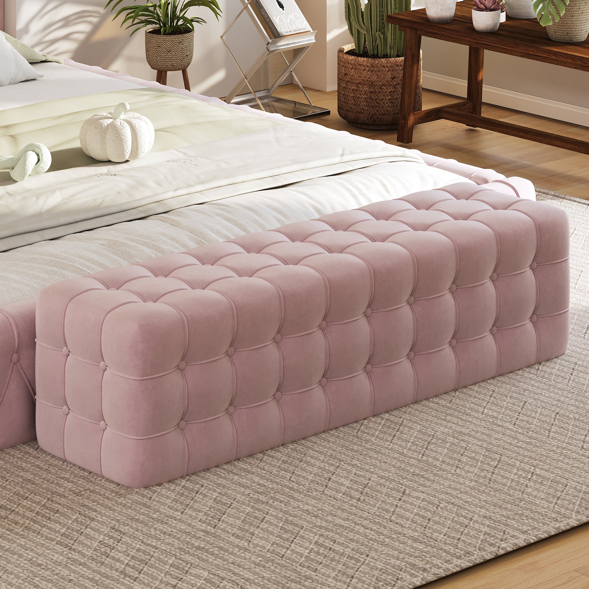 Velvet Upholstered Ottoman, Rectangular Footstool, No Assembly Required, Elegant and Luxurious Pink