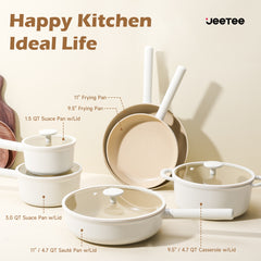 Ceramic Cookware Sets, Pots And Pans Set Non Stick, Healthy Induction Kitchen Cooking Set With Removable Handles, Stackable Pots Pans, Oven Safe, PFOA,PFOS Free, Beige