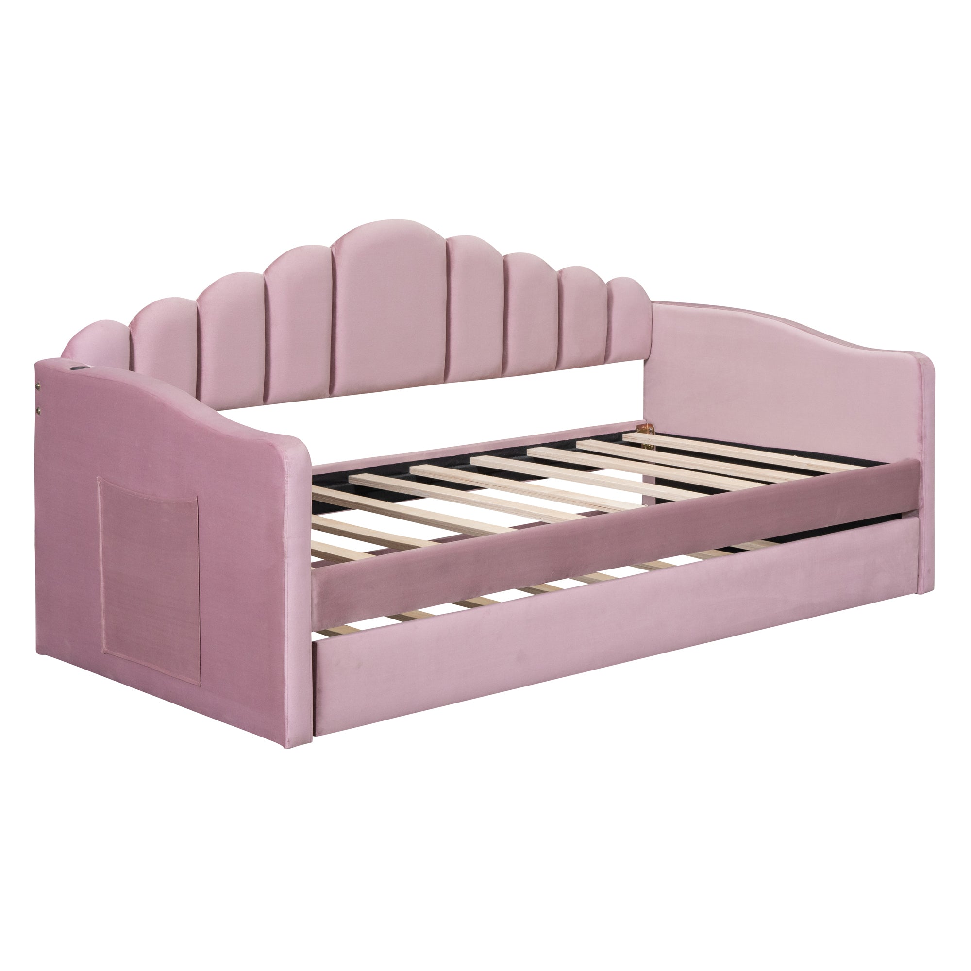 Twin size Upholstered Daybed with Trundle ,Velvet Sofabed with USB Charging Ports, No Box-spring Needed - Pink