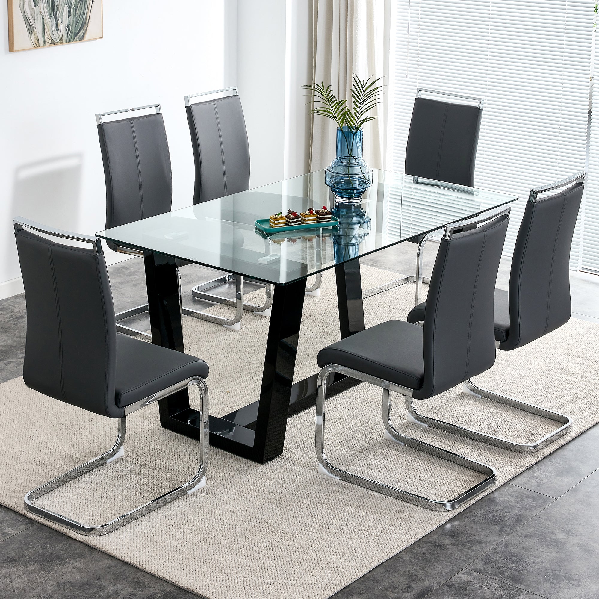 Glass Dining Table Large Modern Minimalist Rectangular for 6-8 - Black