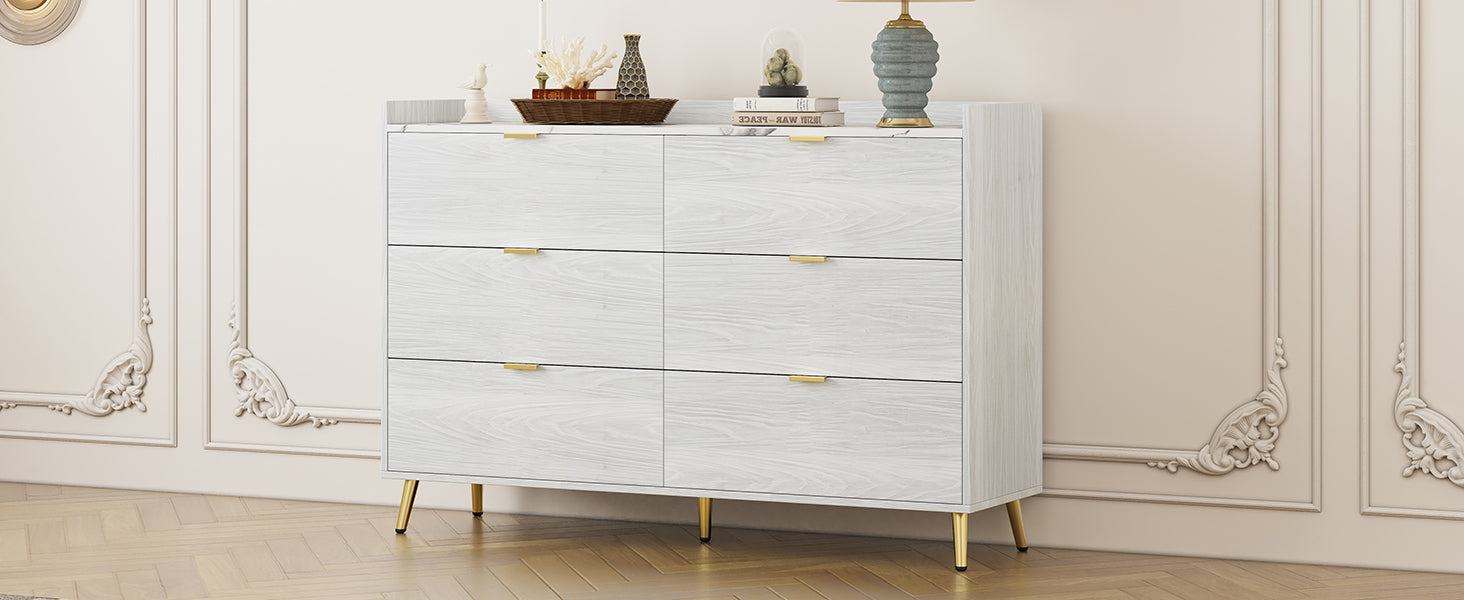 55" Long 6 Drawer Dresser with Marbling Worktop, Mordern Storage Cabinet with Metal Leg and Handle - White