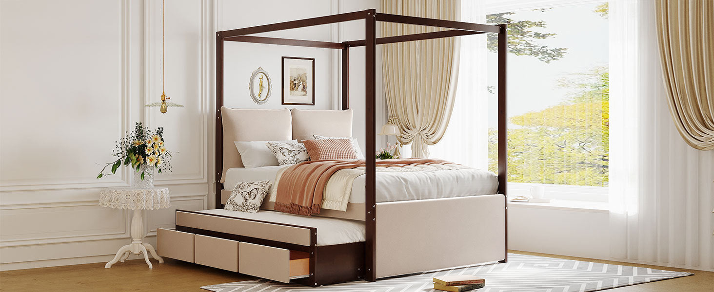 Full Size Upholstered  Canopy Bed with Trundle and 3 Drawers - Beige