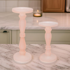 Set of 2 Candle Holders, Rose Pink Turned Pedestal Glass