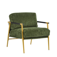 Modern Accent Chair with Plush Cushions, Minimalist Metal Frame, & Wooden Armrest Design - Gold & Green