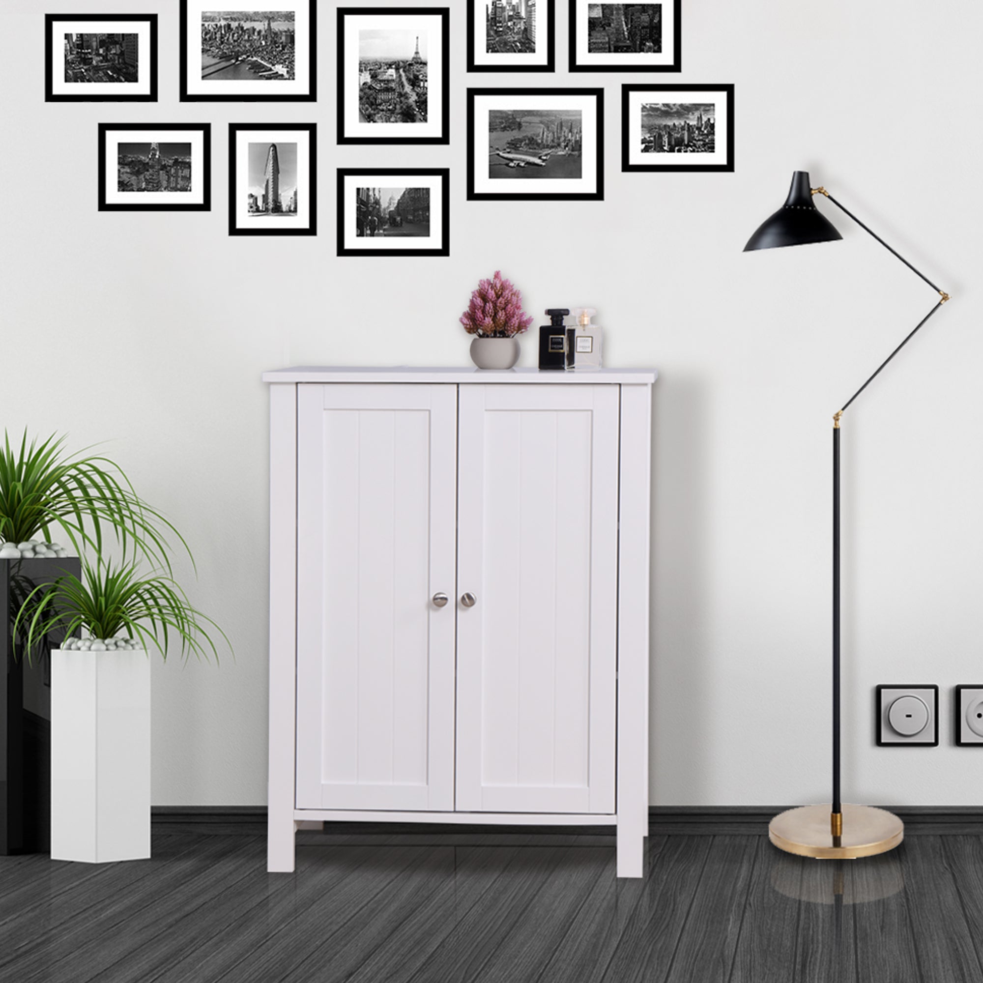 Bathroom Floor Storage Cabinet with Double Door Adjustable Shelf - White