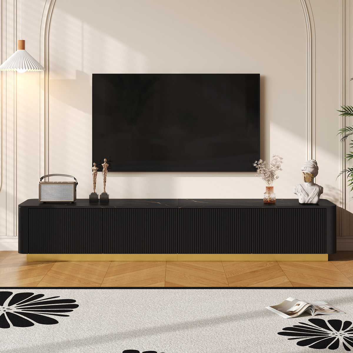 Luxury Fluted TV Stand for TVs Up to 85', Faux Marble Tabletop Media Console with 4 Drawers, Curved Profile Design, Modern Entertainment Center with Gold Base for Living Room, Black