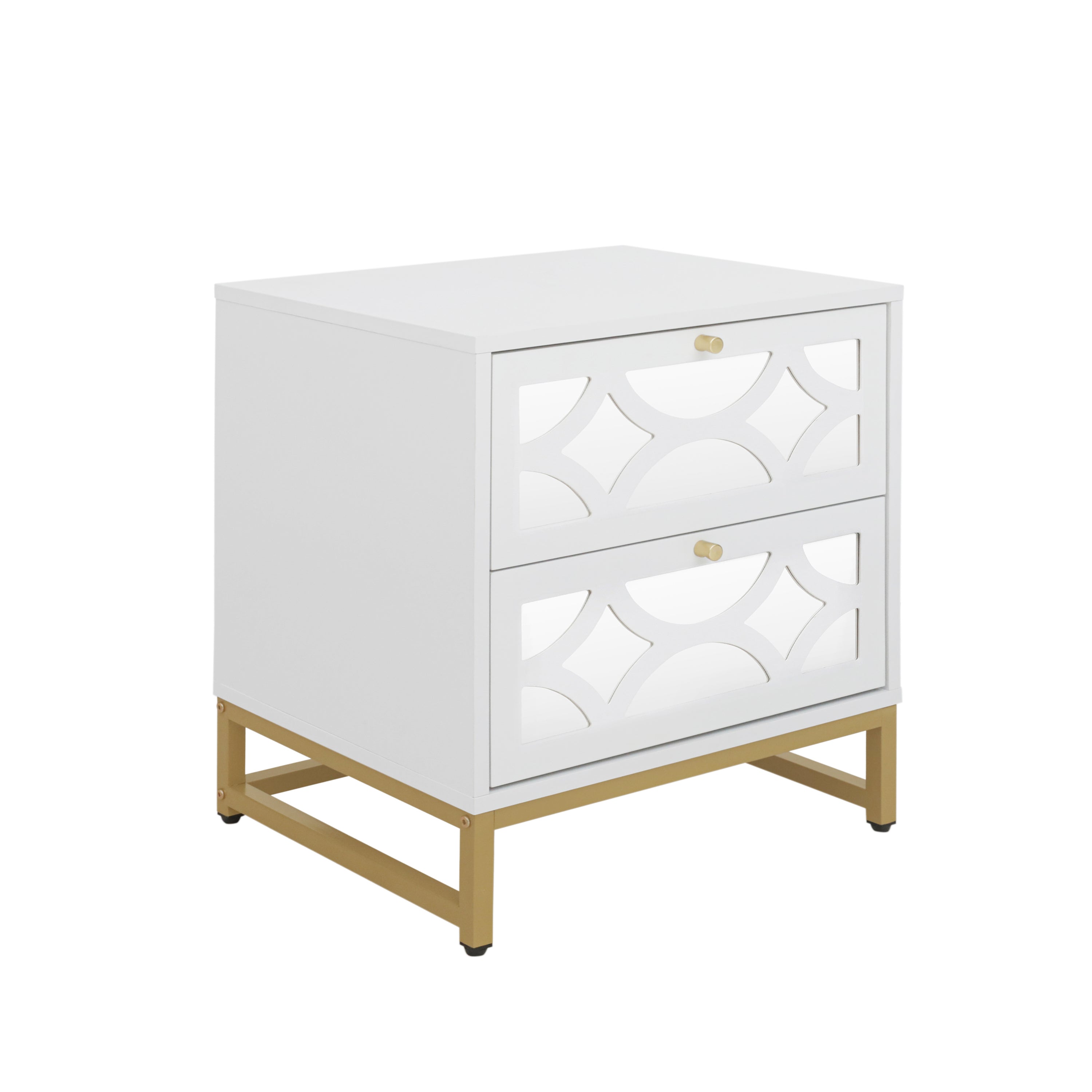 Set of 2 - Small Bedside Table with 2 Drawers, White Mirrored Nightstand with Gold Legs