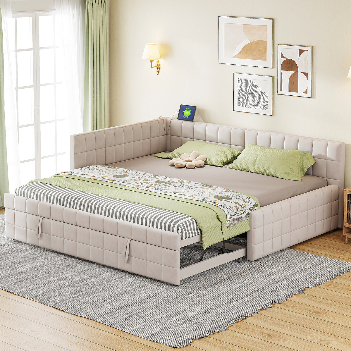 Full Size Upholstered L-Shaped Upholstered Daybed with Twin
Size Pop Up Trundle and USB ports, Beige